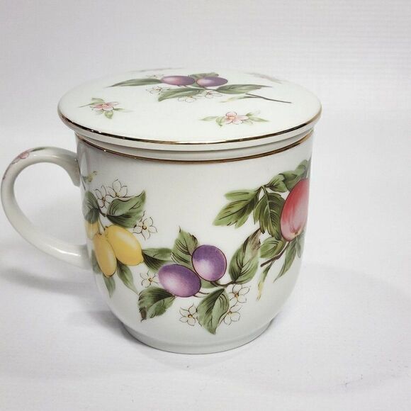 Andrea by Sadek Tea Cup Mug, Strainer Infuser w Lid Fruits Pattern Japan - Picture 3 of 12